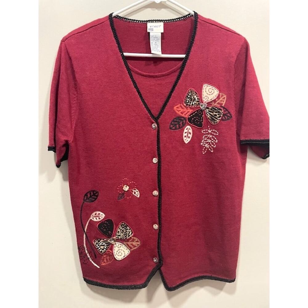 Vintage Koret Sweater Set Burgandy Floral Stitching Womens Size M